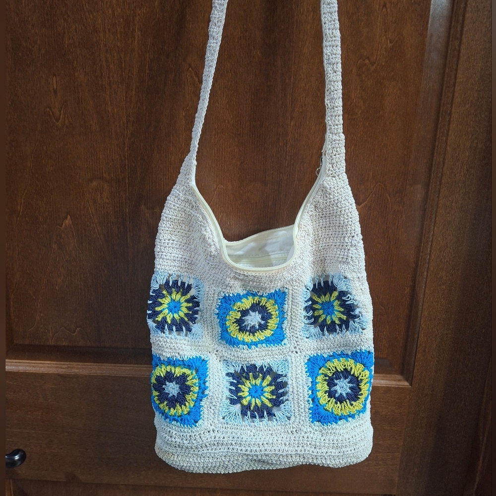 Studio Works Cream and Blue Shoulder Bag with Textured Crochet Design